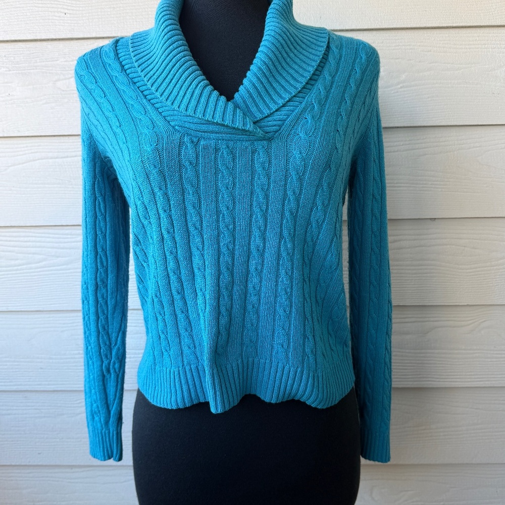 Lauren Ralph Lauren Silk Cashmere Cowl Neck Sweater | Small | Blue | Cable Knit